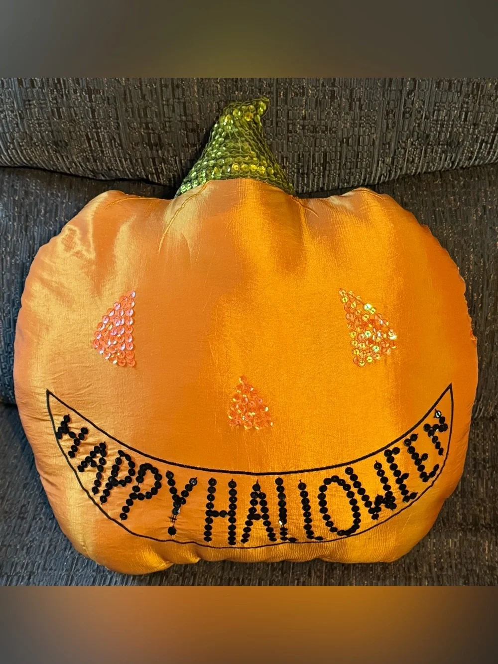 Orange Sequin Pumpkin Holiday Pillow - Happy Halloween 18” x 18”
